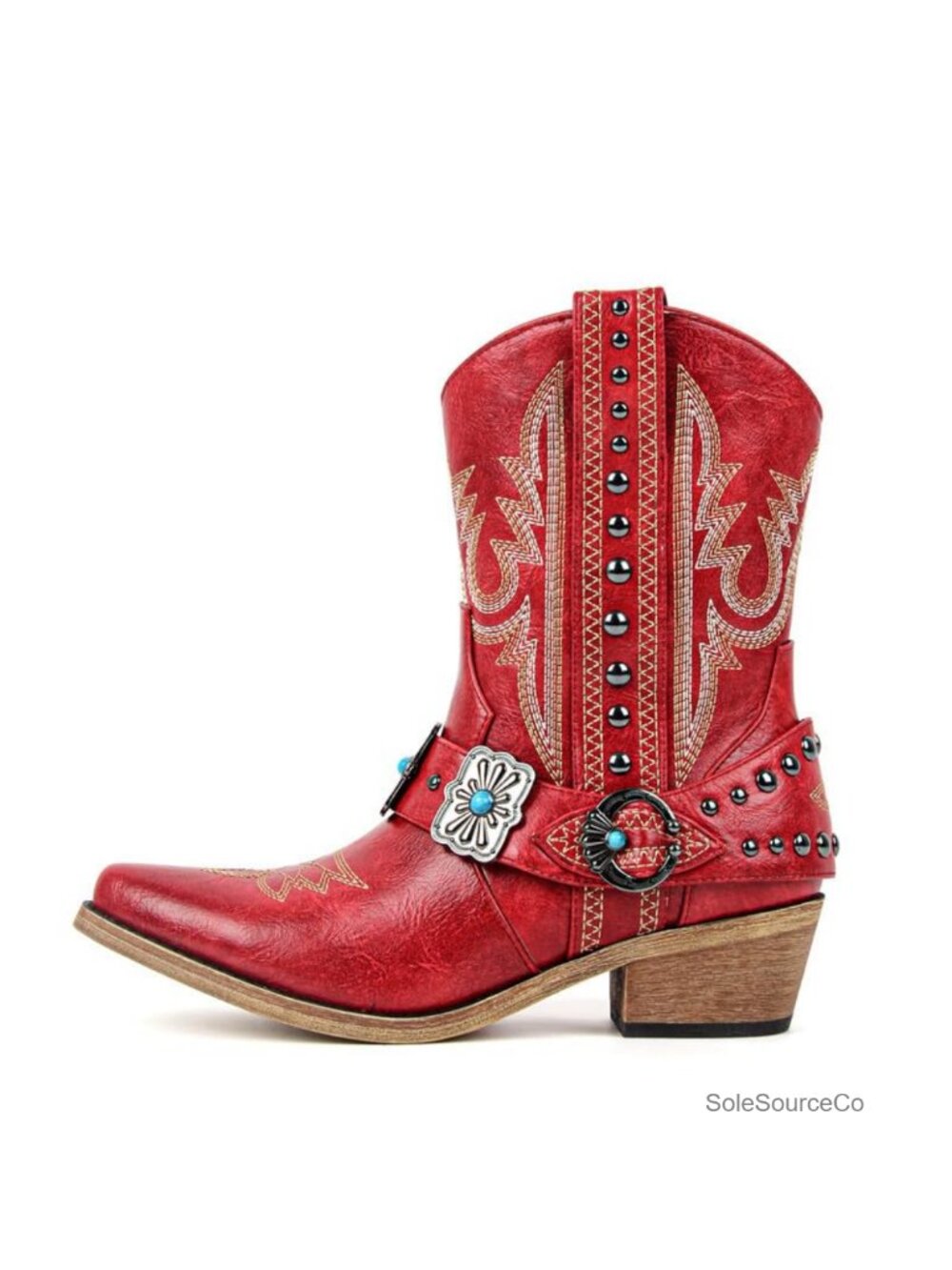 Cowgirl Western Boots Ankle High Embroidery Pointed Toe Faux Leather Pull-On